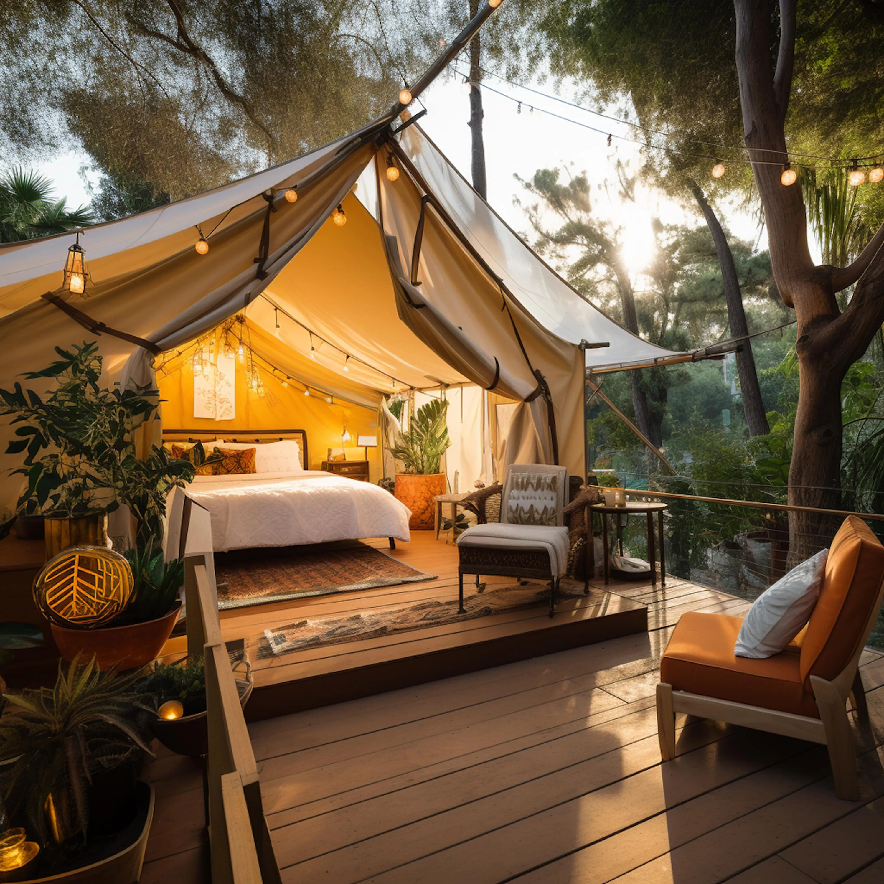 Cozy glamping tent with a bed, armchair, and outdoor seating on a wooden deck surrounded by trees at sunset.