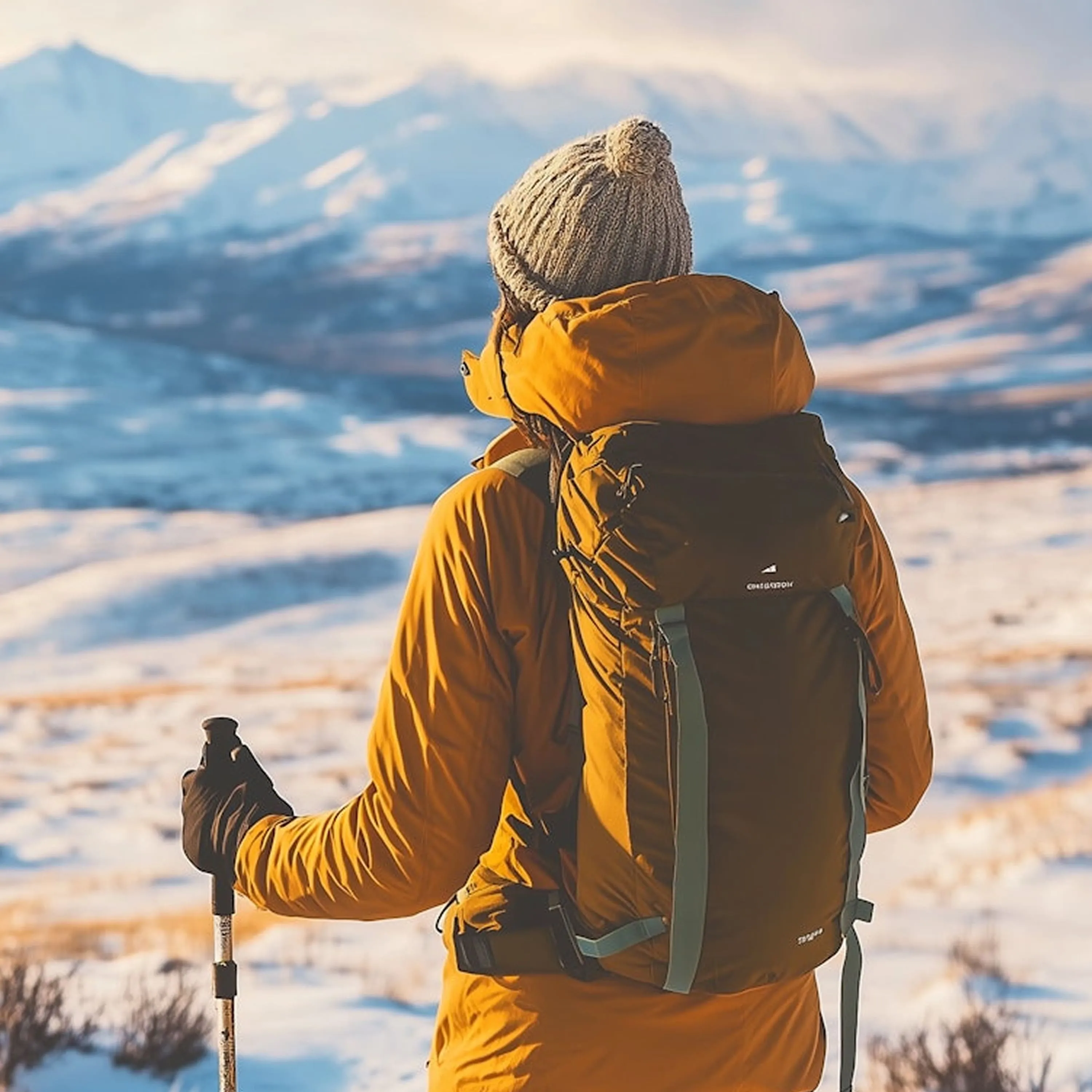 Person in an orange jacket and gray knit hat hiking with backpack and trekking pole in snowy mountain landscape.