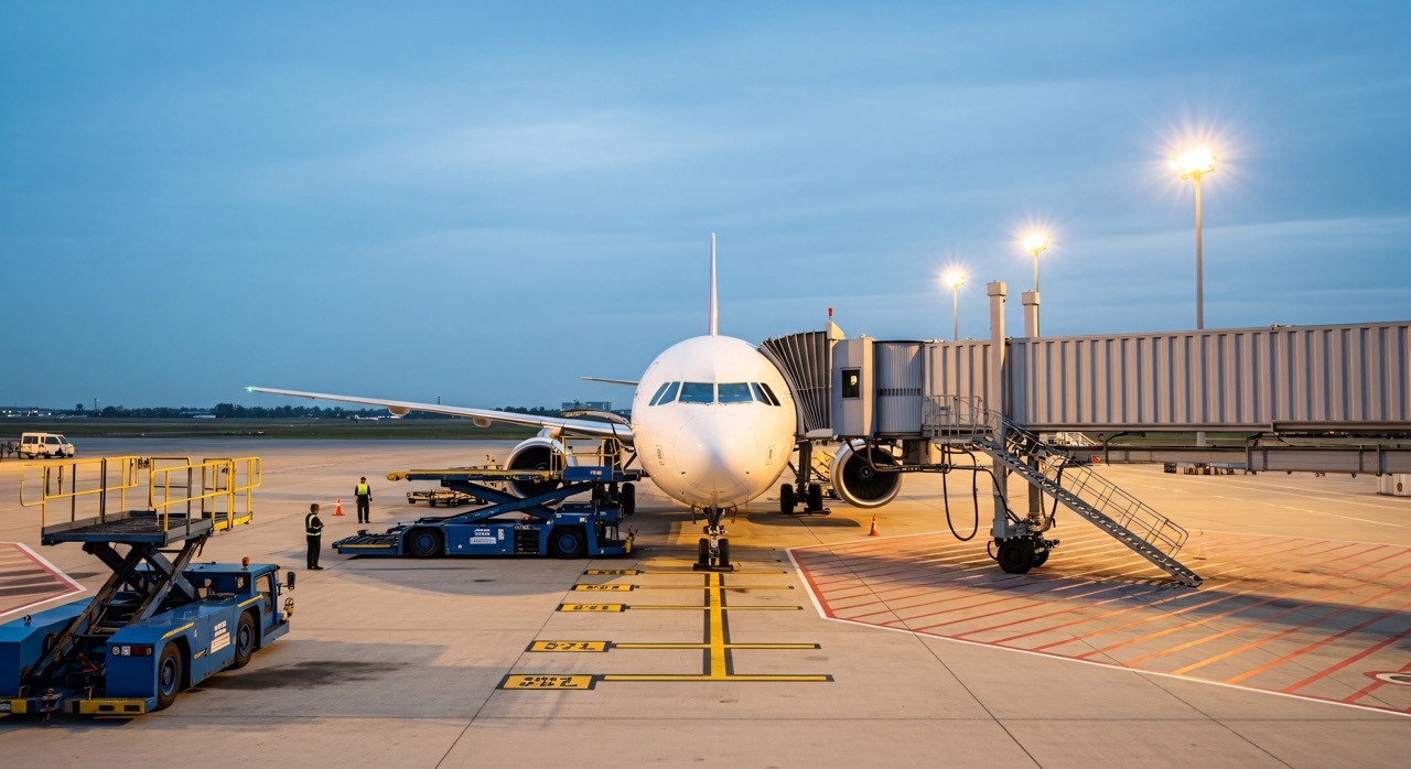 Commercial airplane parked at the gate on the airport tarmac during twilight with ground service vehicles and jet bridge attached.