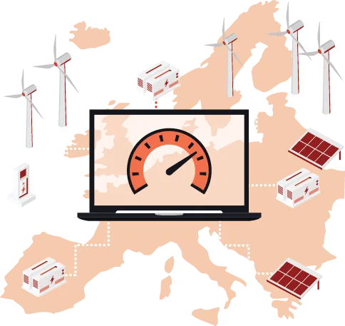Graphic of a laptop with a speedometer on screen over a Europe map, surrounded by icons of wind turbines, solar panels, and batteries representing smart grid energy management.