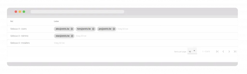 User management interface listing roles: Gebouw A - Users with three users, Gebouw A - Admins with one admin, and Gebouw A - Installers with no members, showing email addresses and options to add members.