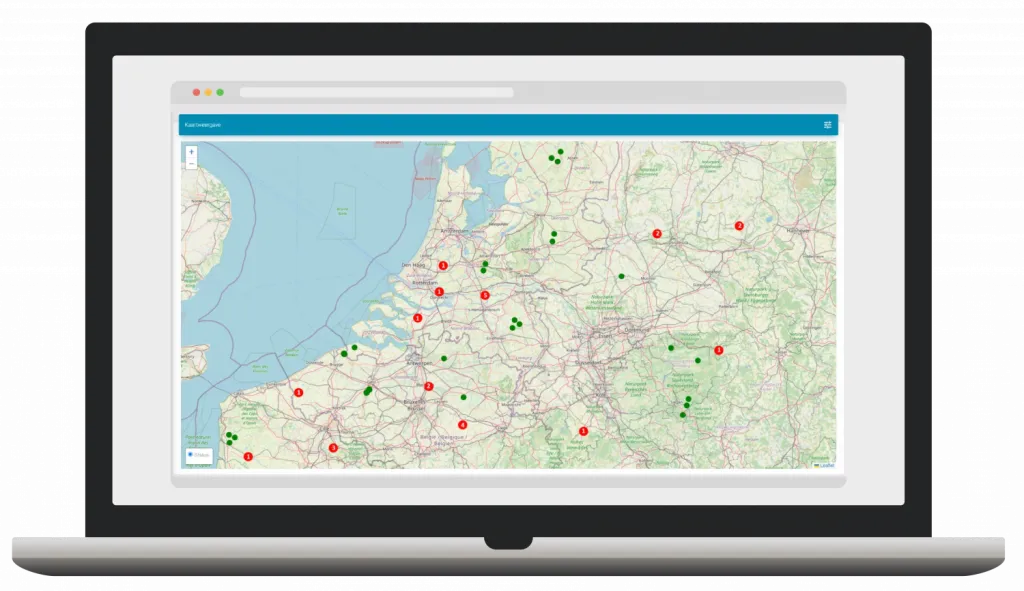 Laptop screen displaying an interactive map of the Netherlands and surrounding areas with red and green location markers.
