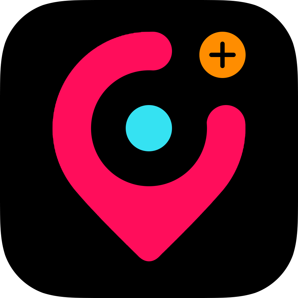 Logo featuring a pink location pin with a blue center circle and an orange plus sign above it.