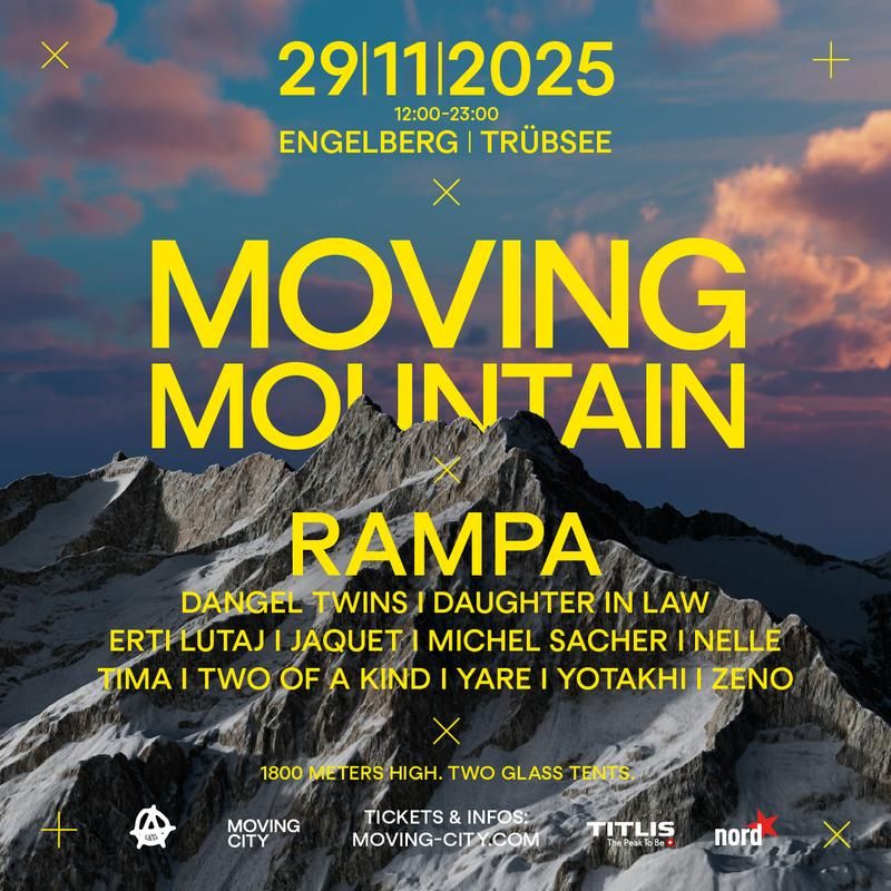 Mountain landscape at dusk with event details in yellow text for Moving Mountain festival on 29 November 2025 in Engelberg Trübsee featuring Rampa and other artists.