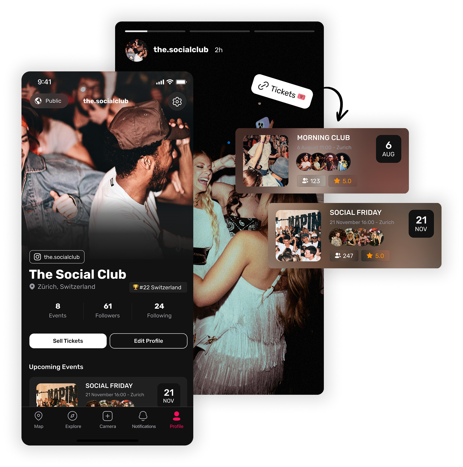 Mobile app profile of The Social Club based in Zürich with 8 events, 61 followers, and upcoming events Social Friday and Morning Club with dates and ratings.