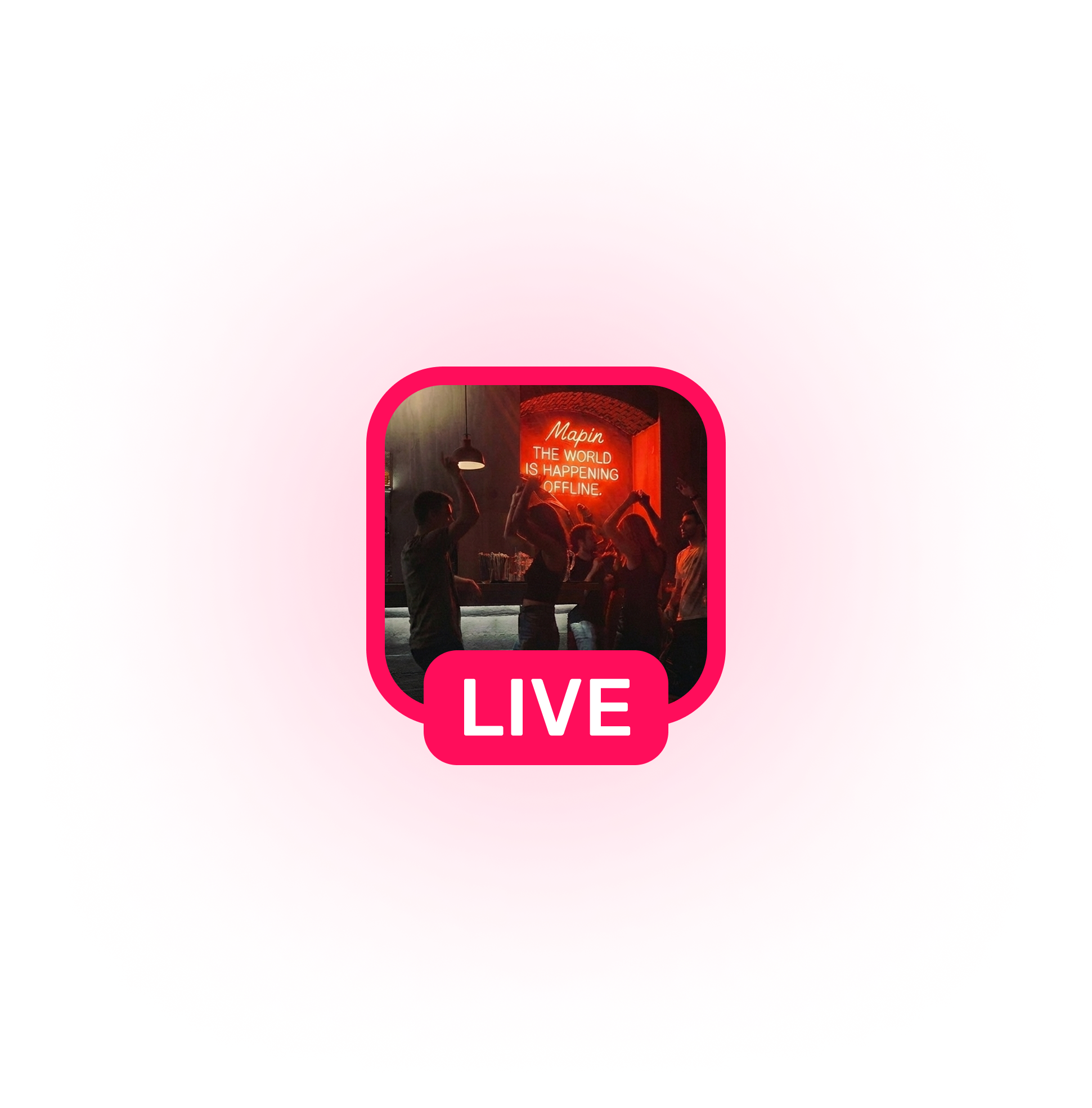 Group of people dancing in a dimly lit room with a neon sign reading 'Mapin THE WORLD IS HAPPENING OFFLINE.' and text 'LIVE' below.