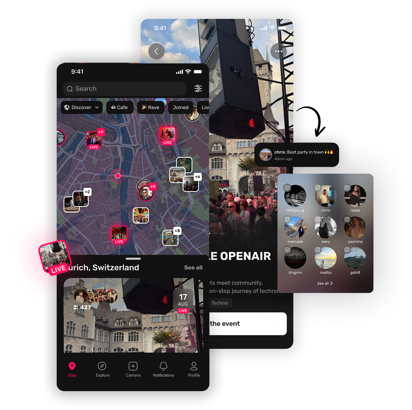 Mobile app interface showing a live event map in Zurich, Switzerland with event thumbnails and user comments about a techno open air party.