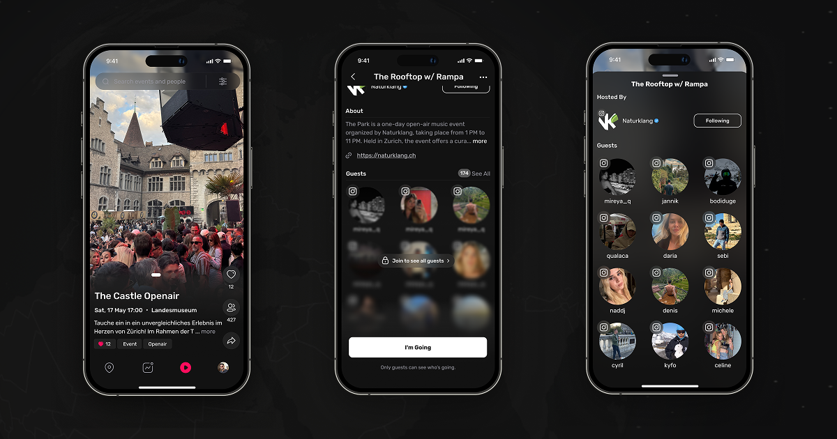 Screenshot der neuen Mapin Event-Page mit Fokus auf die interaktive Gästeliste und verknüpfte Instagram-Profile.