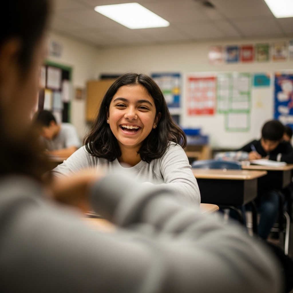 Smiling teenage girl sitting at a desk in a classroom with other students in the background.