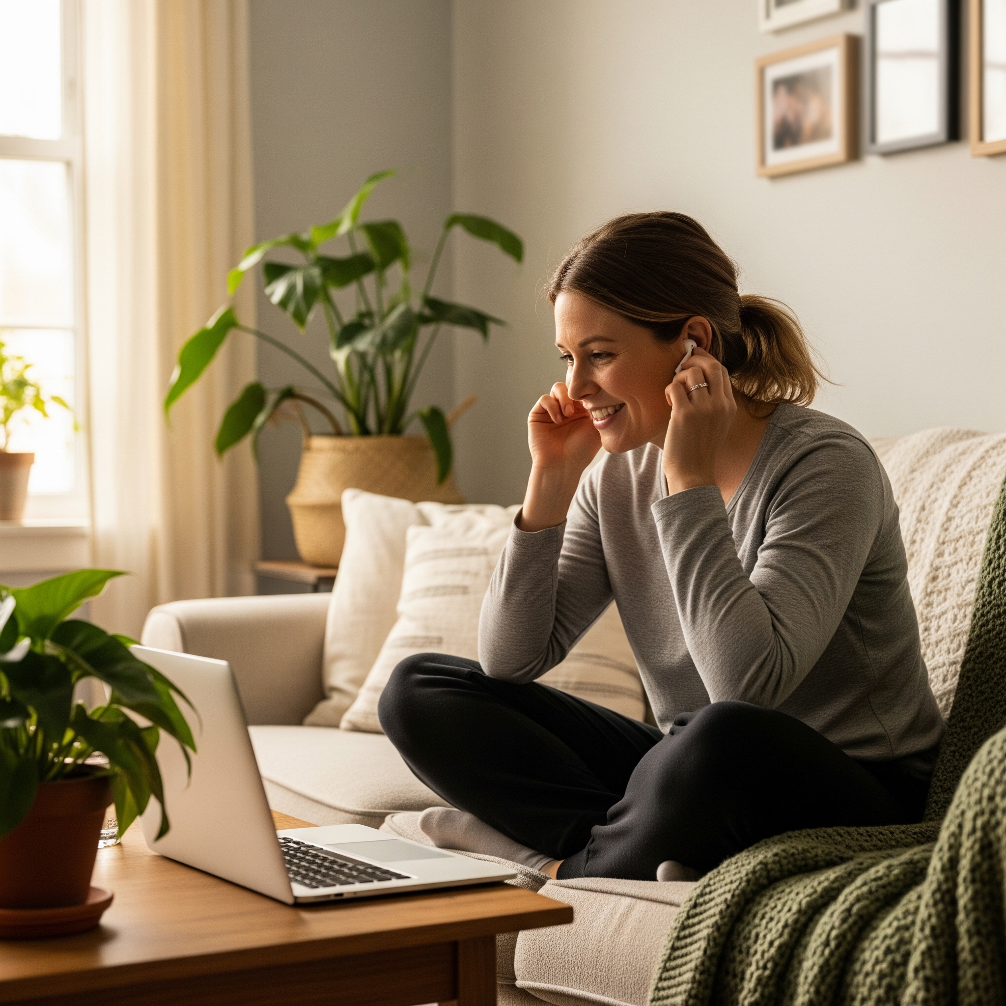 Smiling woman sitting cross-legged on a sofa, wearing earbuds and looking at a laptop in a cozy living room.