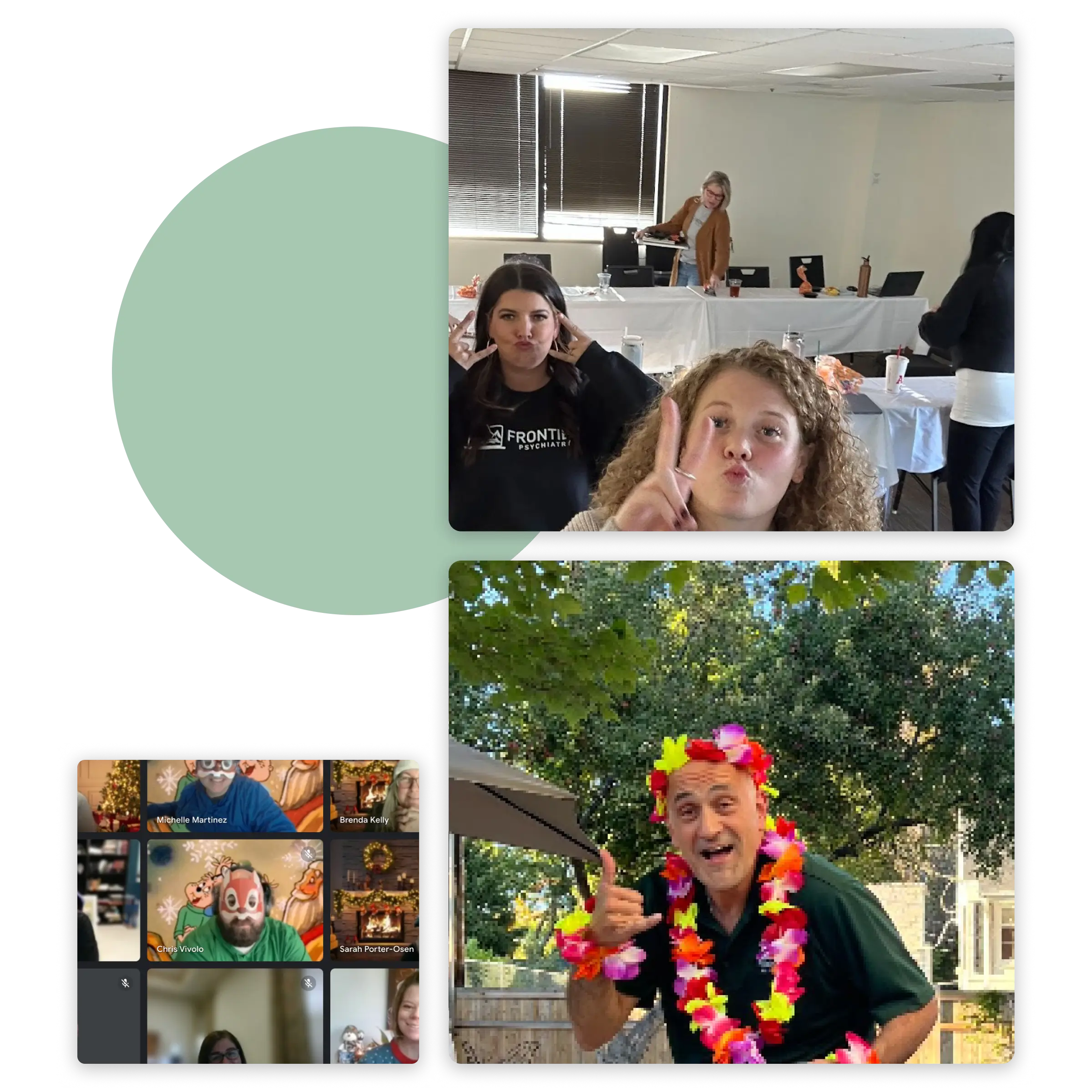 Collage of three photos showing people in casual and cheerful settings: two women indoors making playful peace signs, a man outside wearing colorful Hawaiian leis making a shaka gesture, and a virtual meeting grid with participants using festive face filters.