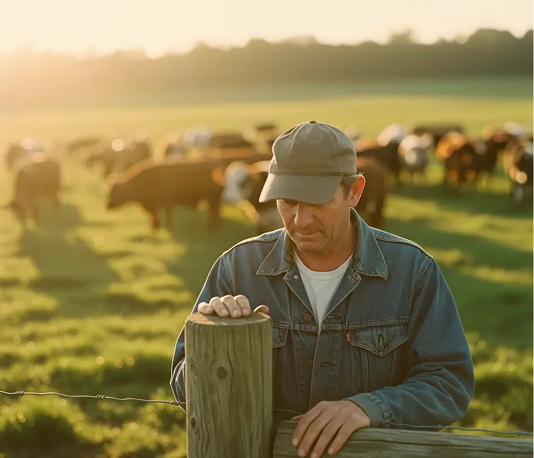 Farmer in a denim jacket and cap resting hands on a wooden fence with cows grazing in a sunlit pasture in the background.