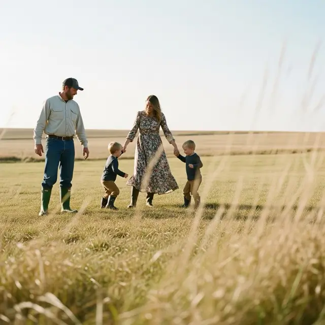 A family of four with two children holding hands and playing in a sunlit grassy field.