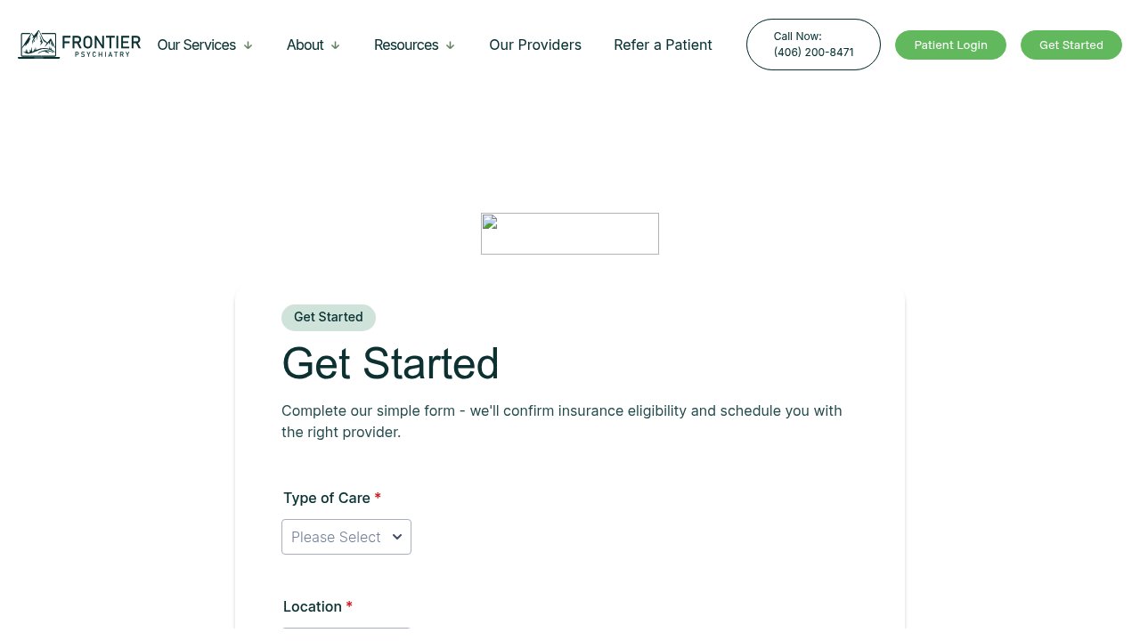 Frontier Psychiatry get started page for scheduling a naltrexone addiction evaluation in Montana via telehealth