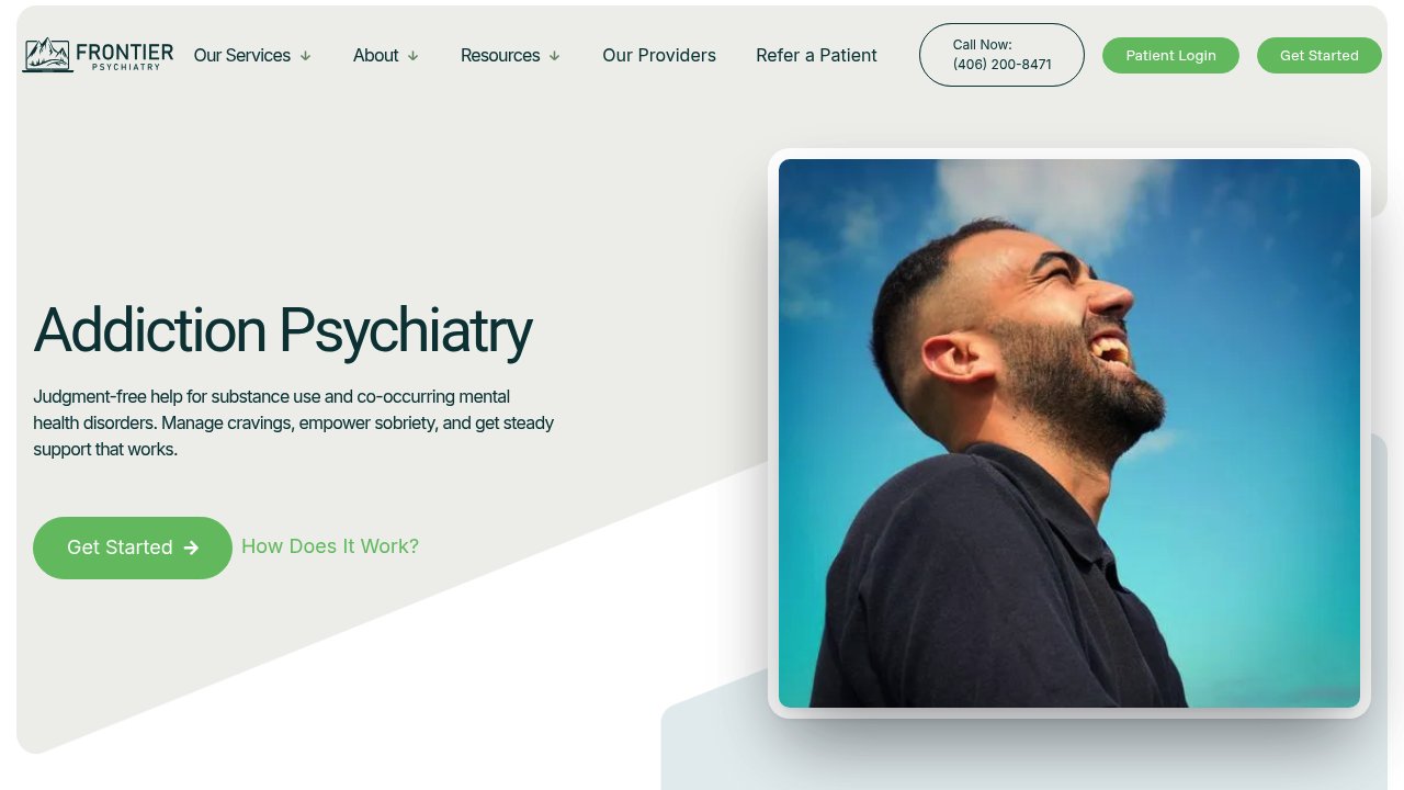Frontier Psychiatry addiction care page showing telehealth naltrexone evaluation services for Montana adults