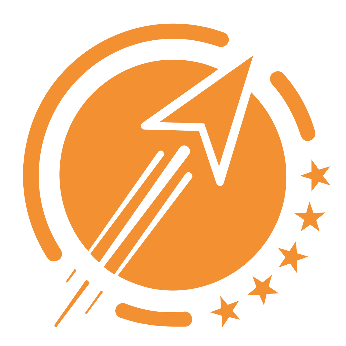 Orangefarbener Pfeil in einem Kreis mit fünf Sternen am Rand, symbolisiert Fortschritt oder Navigation.
