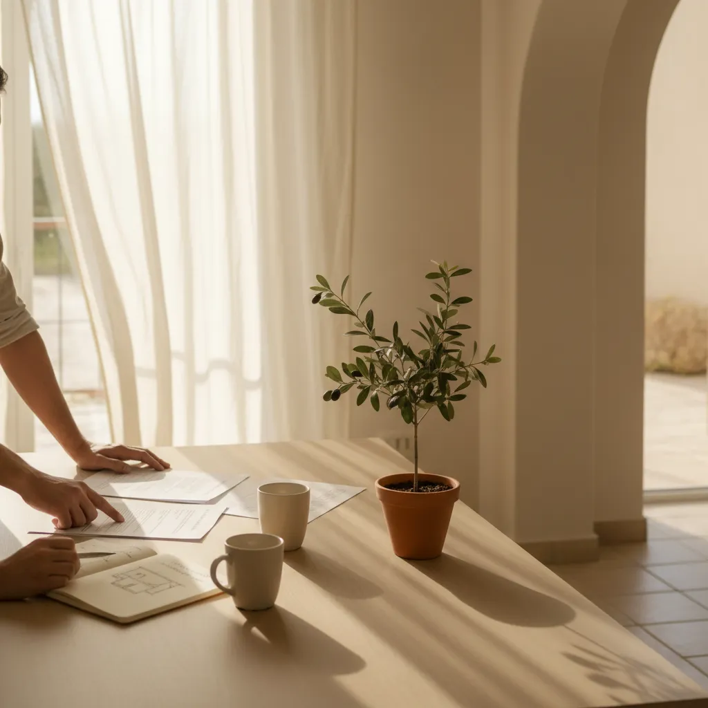 Two people reviewing documents and a floor plan on a table with two coffee mugs and a small potted olive plant in a sunlit room.