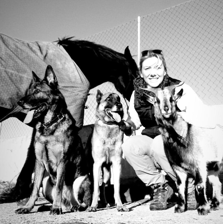Jovana Schäfer with her dogs, horse and goat at her home in Mallorca