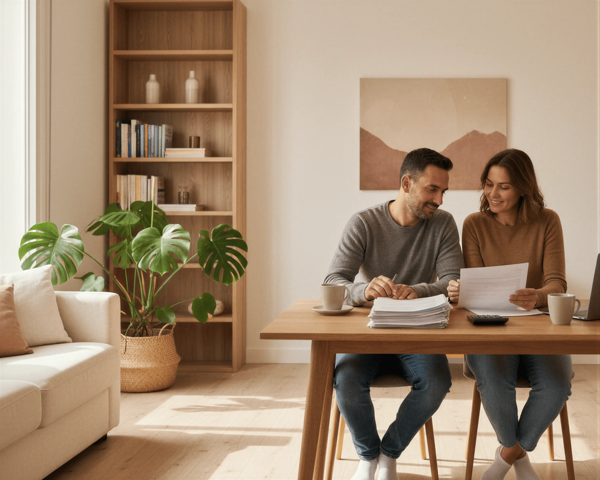 Couple reviewing Spanish mortgage documents for their new property in Spain