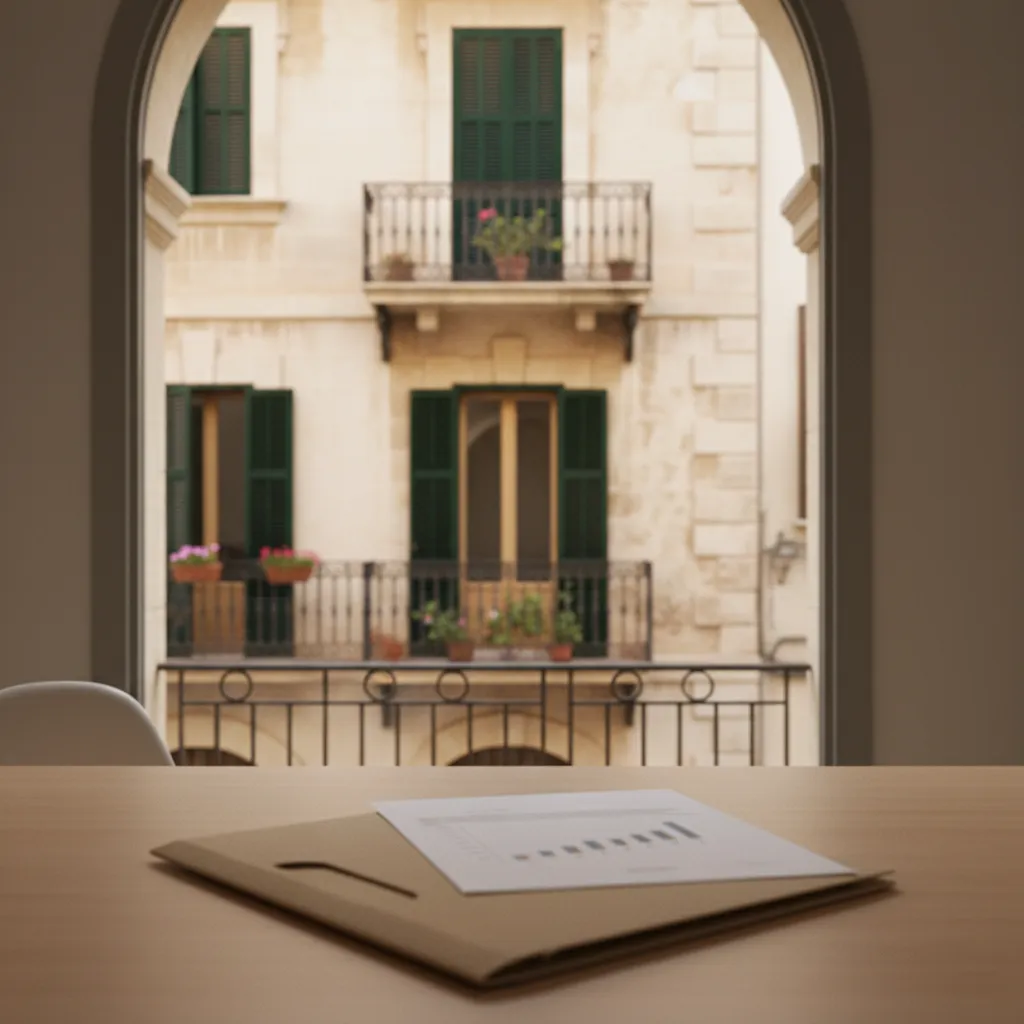Mortgage documents on desk with traditional Spanish property balcony in background