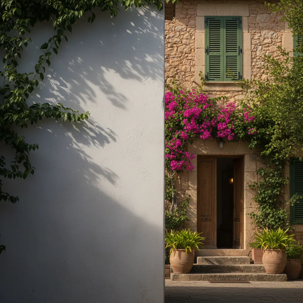 Traditional Mallorcan stone house with green shutters and bougainvillea flowers
