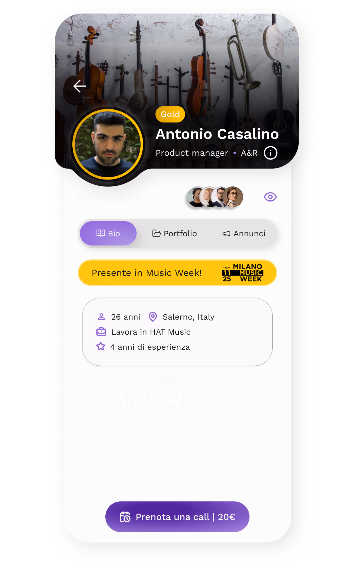 Profilo di Antonio Casalino, Product manager e A&R, con foto e badge Gold, menzione a Milano Music Week, residente a Salerno con 4 anni di esperienza e opzione per prenotare una call a 20€.