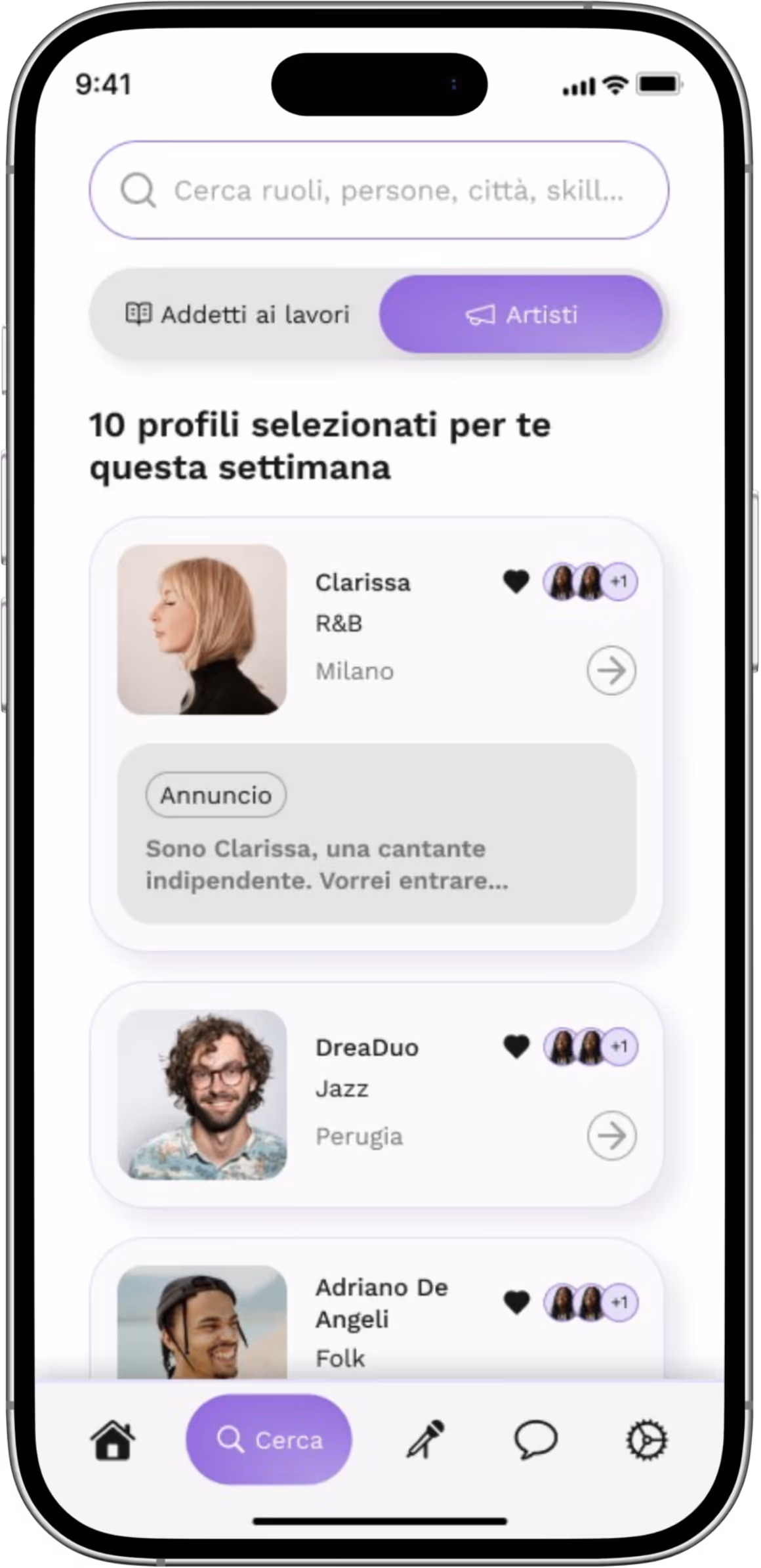 Schermata dell'app che mostra profili di artisti selezionati in vari generi musicali come R&B, Jazz e Folk con foto, città e una breve descrizione.