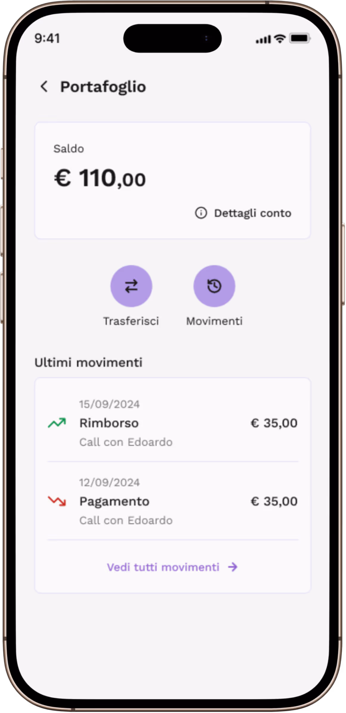 Schermata del saldo portafogli, con opzioni per trasferire e vedere movimenti recenti.