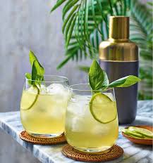Two glasses of iced yellow-green cocktails garnished with lime slices and basil leaves on woven coasters, with a cocktail shaker and greenery in the background.