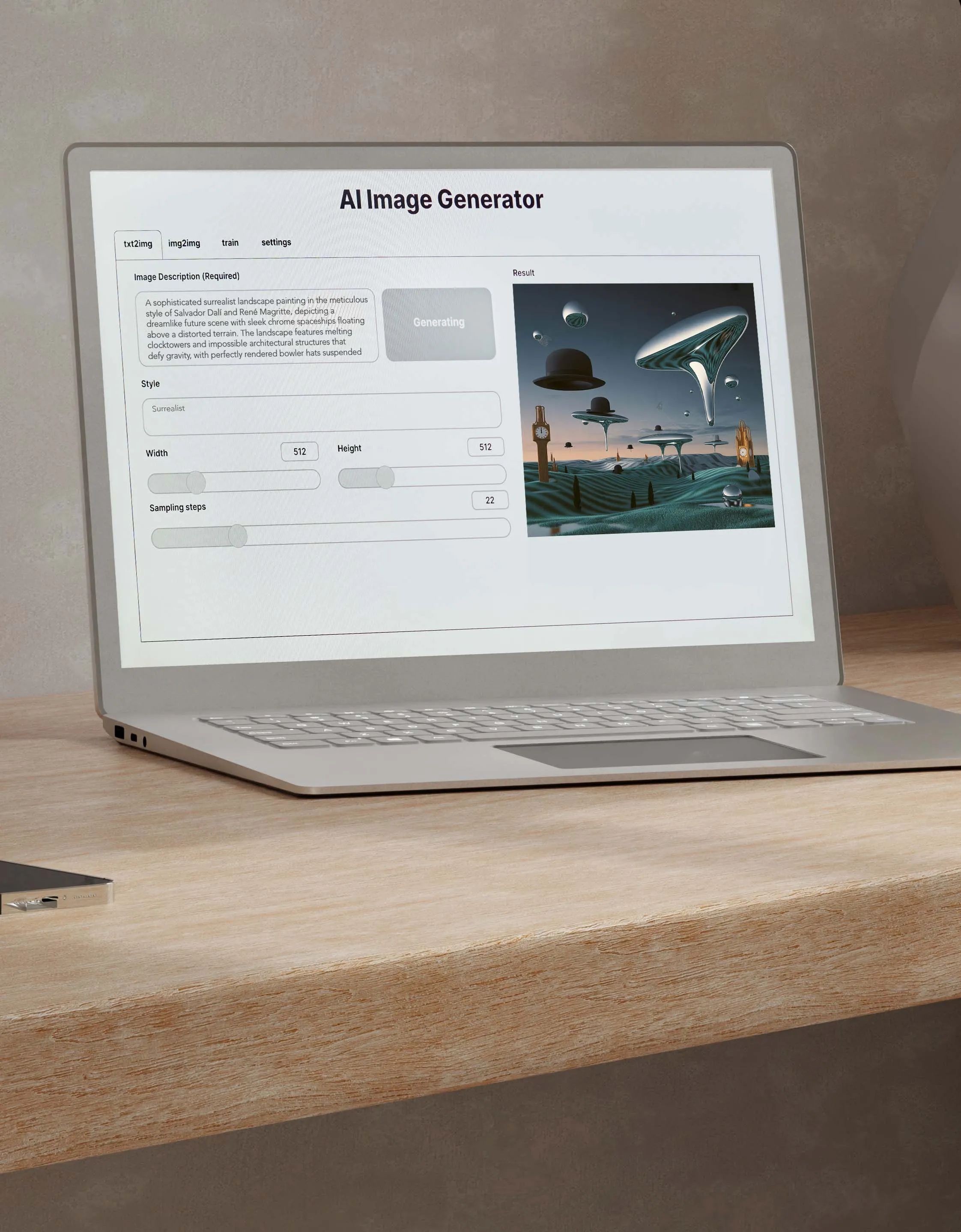 A laptop screen on a table with the screen showing an AI image generator for a surrealist work of art