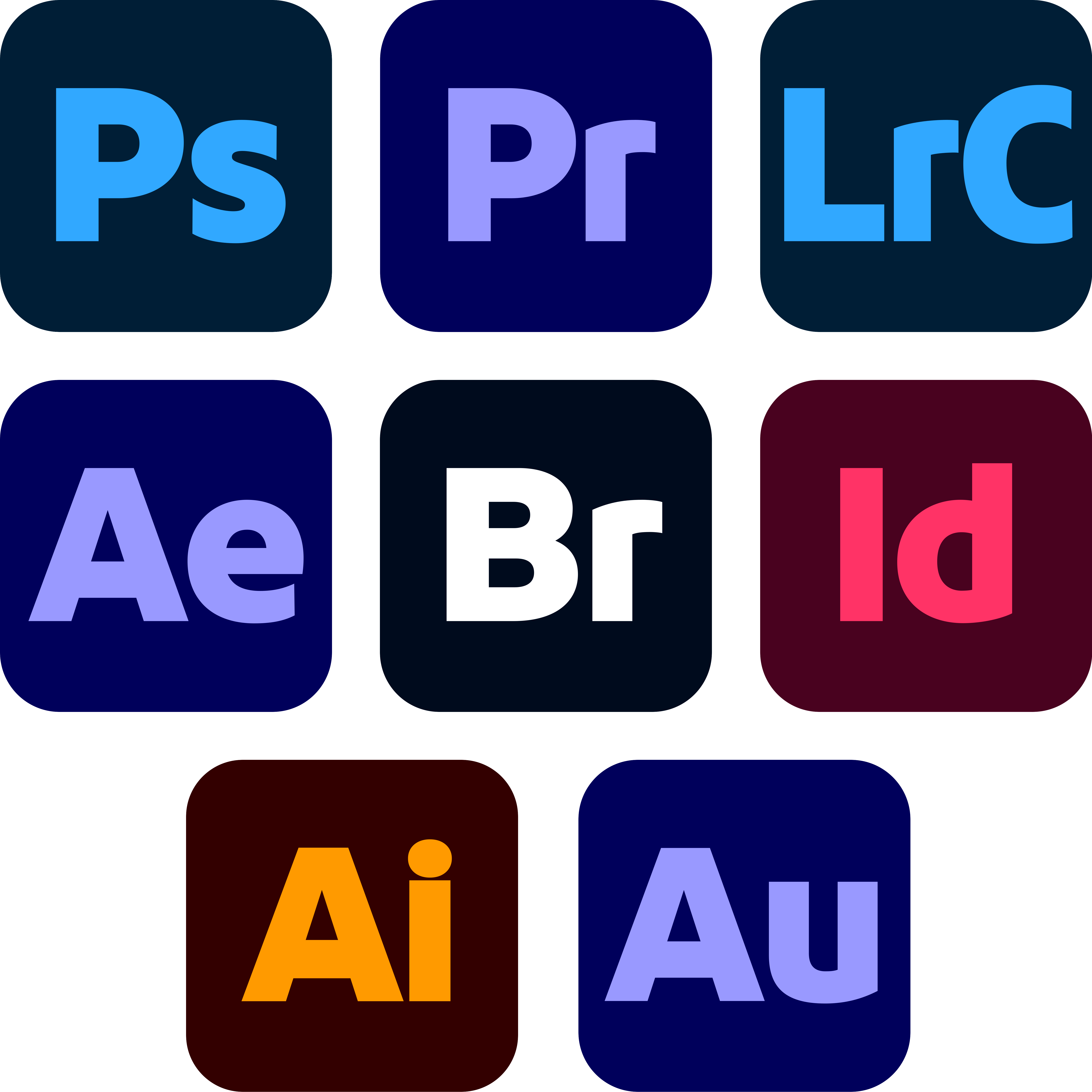 Icons for Adobe Creative Cloud applications including Photoshop, Premiere Pro, Lightroom Classic, After Effects, Bridge, InDesign, Illustrator, and Audition.