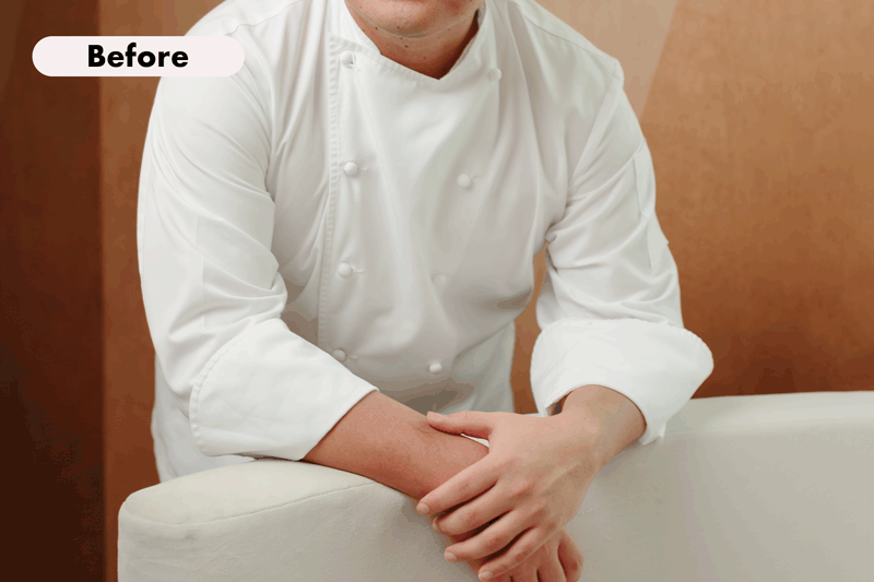 Animated before-and-after image showing a chef's white uniform sleeve crease being digitally smoothed out.
