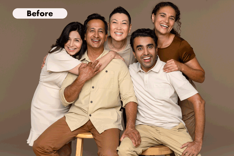 Before and after photos showing five people posing smiling in a group before retouching and after with smoother skin and brighter tones.