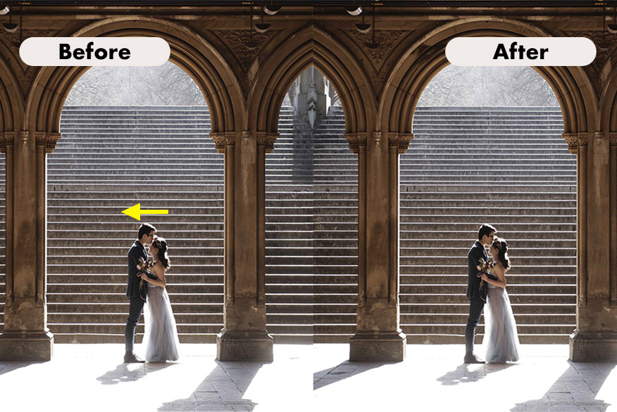 Side-by-side before and after photos of a couple standing under an archway in front of stairs, with the man repositioned slightly closer to the woman in the after image.