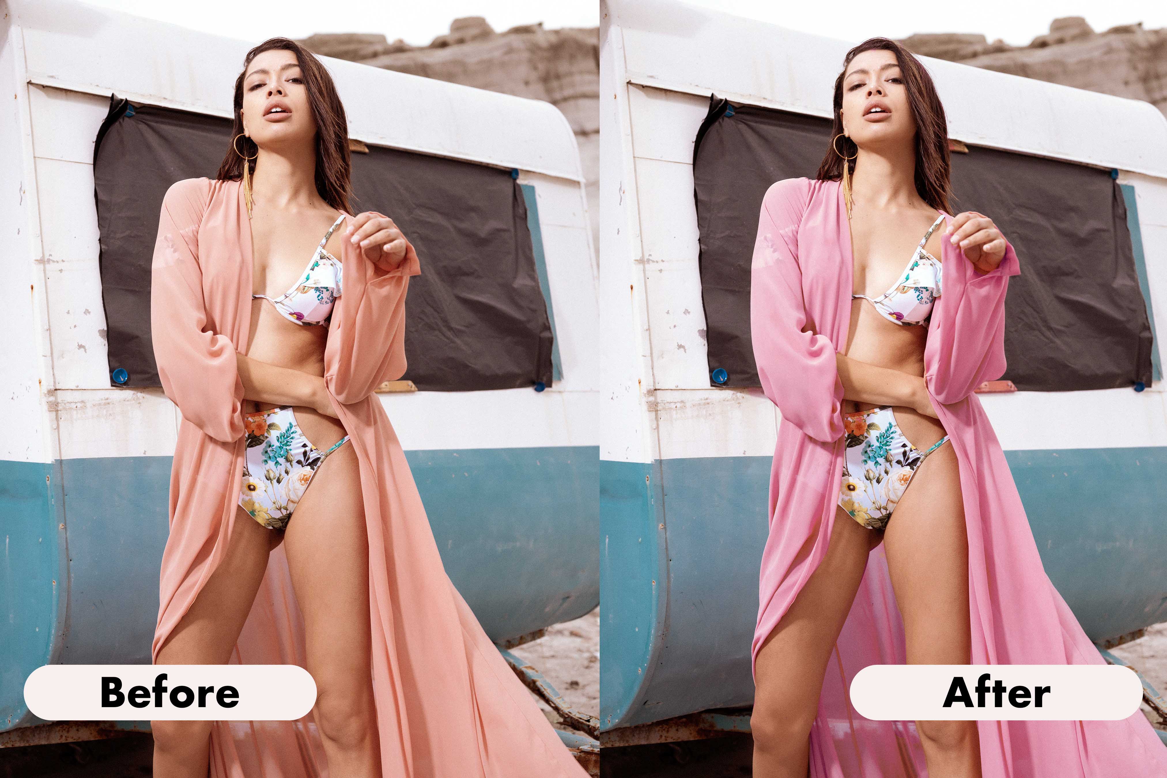 Side-by-side photo of a woman posing in a floral bikini and flowing cover-up, with the cover-up changed from peach to pink in the after image.