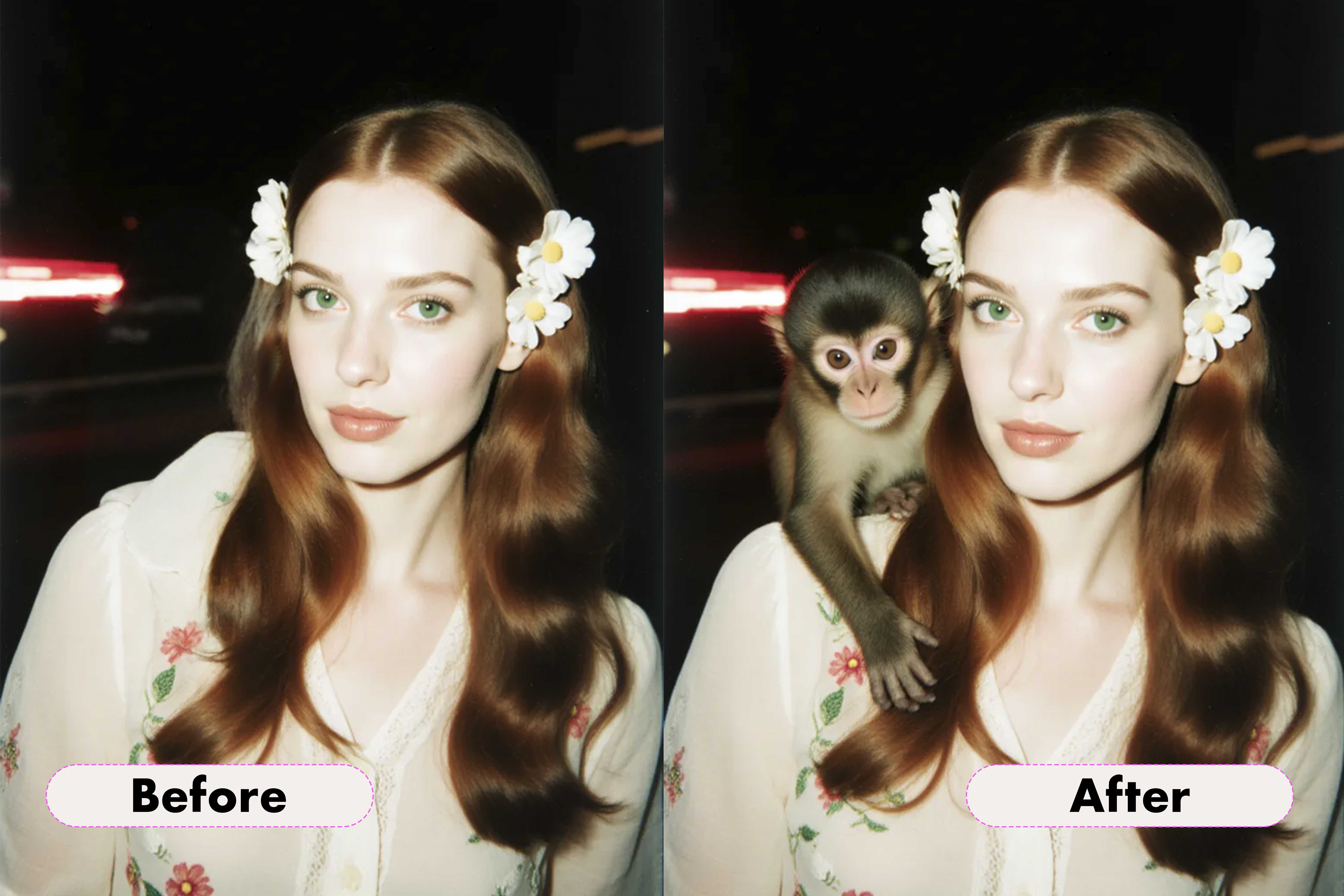 Side-by-side images of a woman with long red hair and white flower clips labeled 'Before' and 'After,' with a small monkey sitting on her shoulder in the 'After' image.