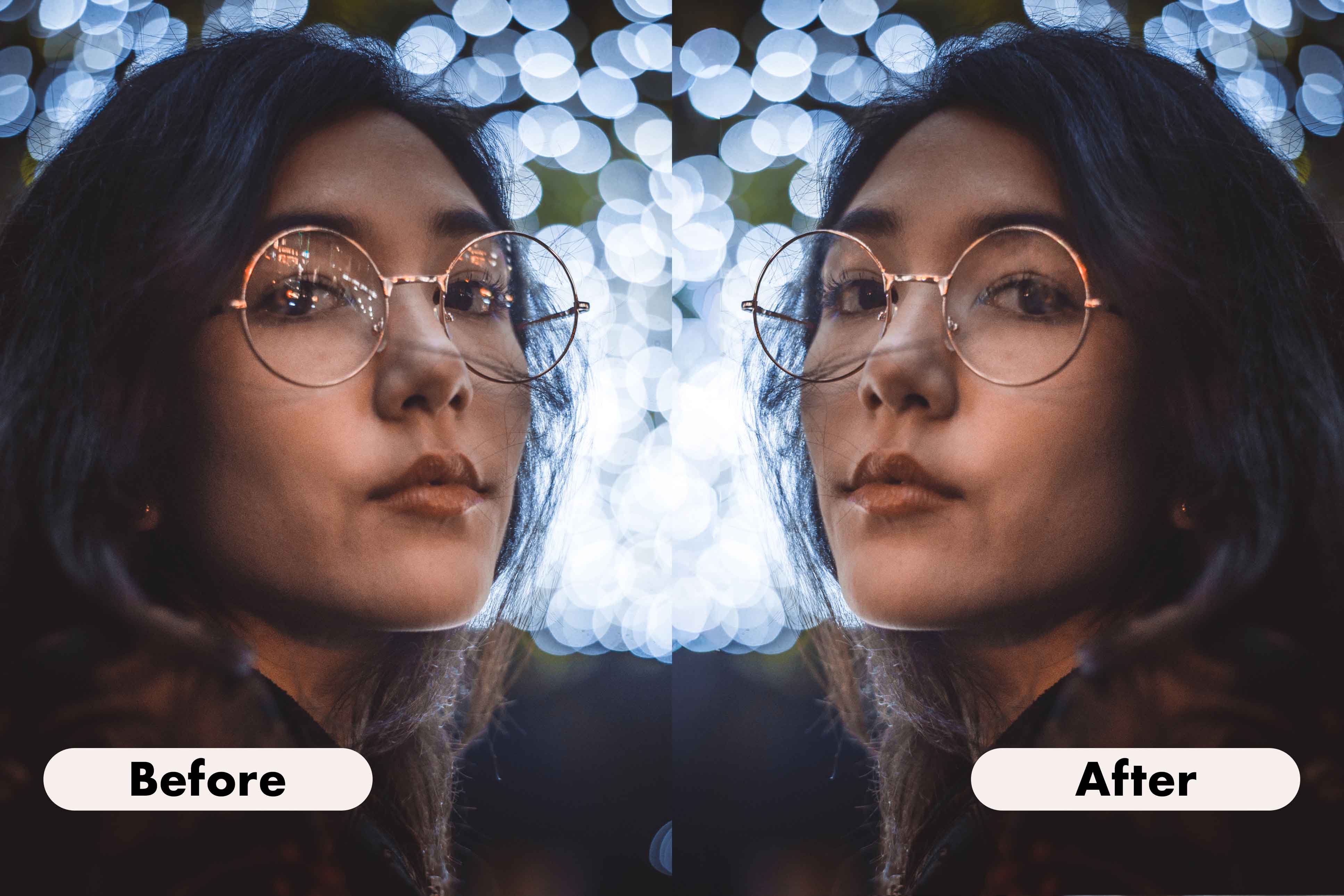 Side-by-side portrait of a woman with round glasses and dark hair under bokeh lights, labeled 'Before' and 'After'.