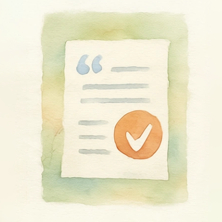 Watercolor illustration of a document with blue quotation marks and an orange checkmark.