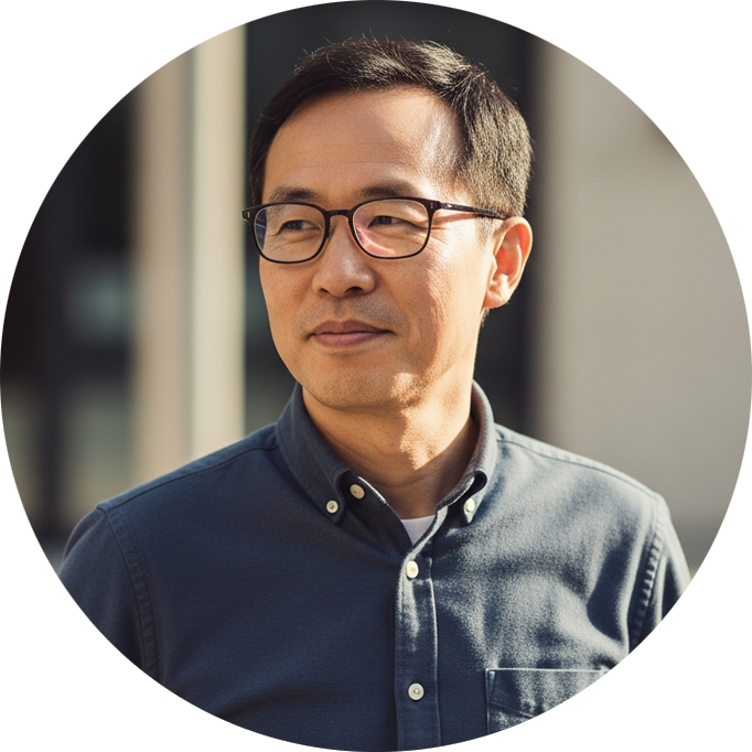 Middle-aged man wearing glasses and a dark blue button-up shirt looking to the side outdoors.