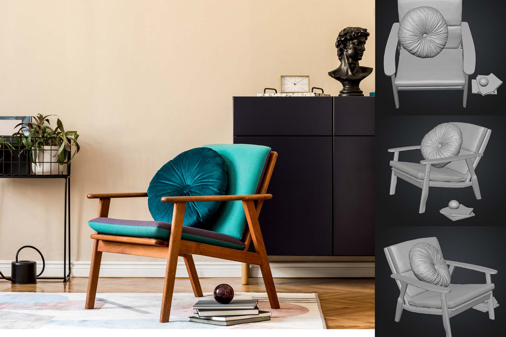 Mid-century modern wooden armchair with teal cushions and round teal pillow, next to a stack of books on a patterned rug in a cozy room.