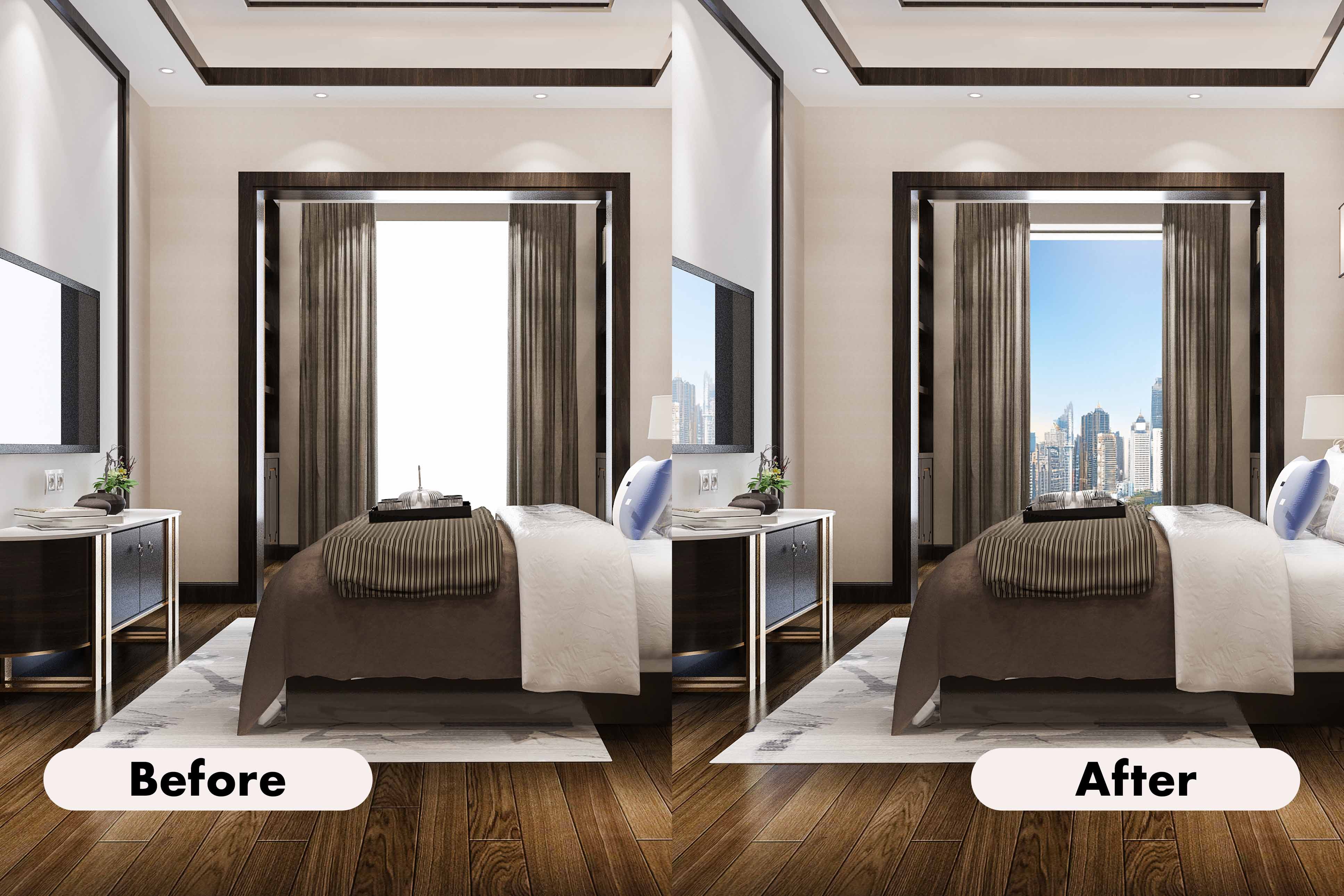 Side-by-side comparison of a modern bedroom before and after retouching, showing a city skyline visible through the window in the after image.