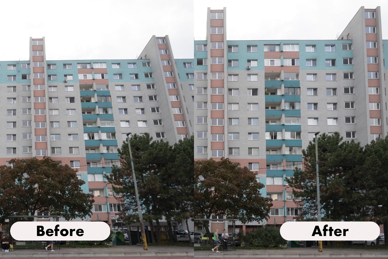 Side-by-side comparison of a multi-story residential building before and after geometric distortion correction, showing the building leaning on the left and straightened on the right.