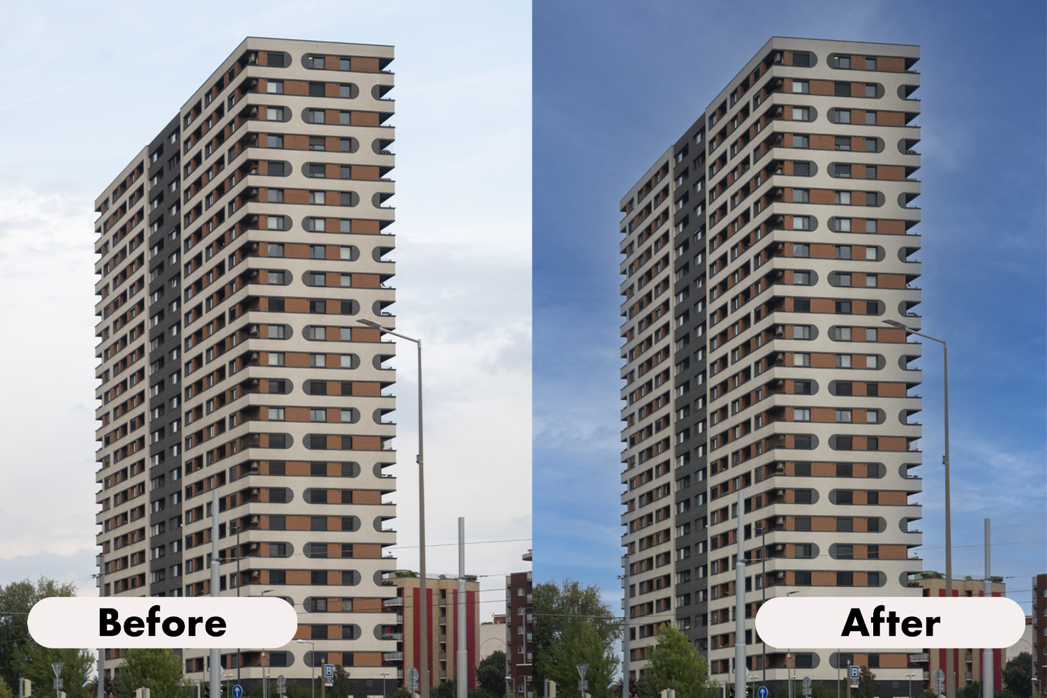 Side-by-side comparison of the same apartment building before and after sky replacement, showing a cloudy sky on the left and a clear blue sky on the right.