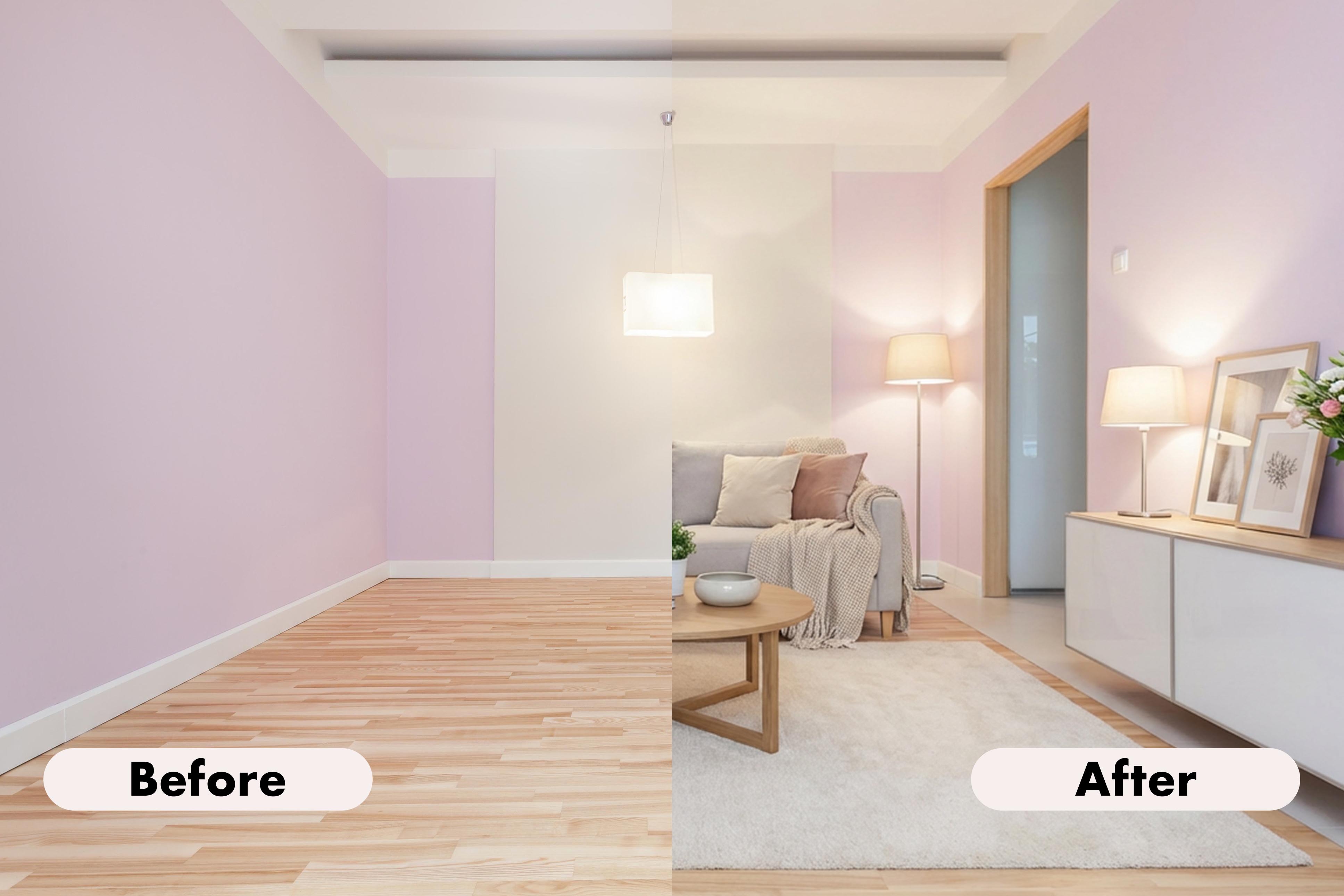 Side-by-side comparison of an empty room with wooden flooring and pastel walls labeled Before, and the same room furnished with a sofa, cushions, coffee table, lamps, framed pictures, and a rug labeled After.