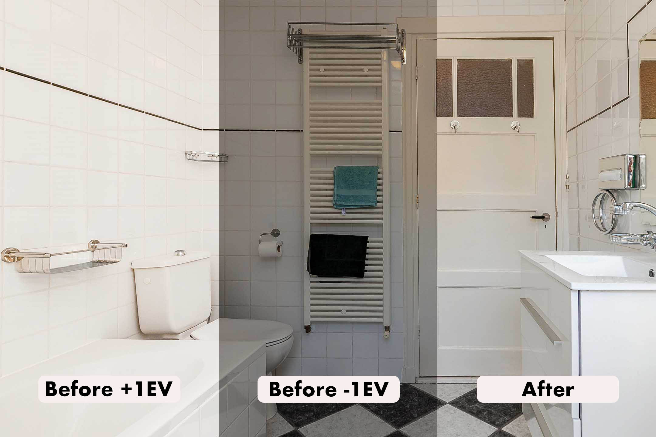 Bathroom with white tiles, toilet, sink, and door, showing three exposure adjustments labeled Before +1EV, Before -1EV, and After.
