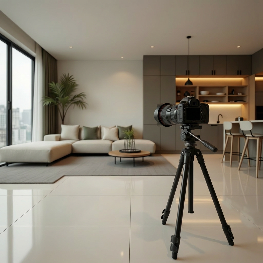 Professional camera mounted on a tripod in a modern living room with a large sofa, coffee table, and open kitchen in the background.