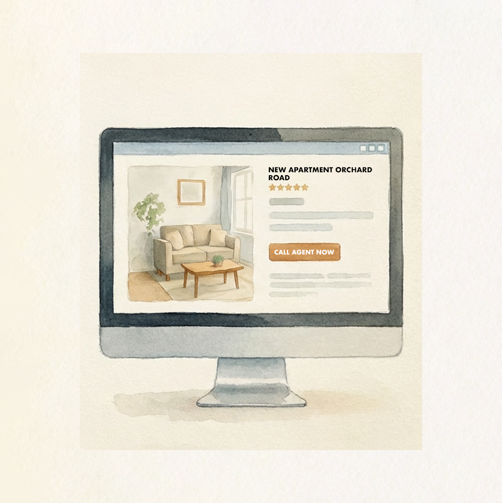 Watercolor illustration of a computer screen showing a real estate listing for a new apartment on Orchard Road with a couch, coffee table, plant, and a call agent button.