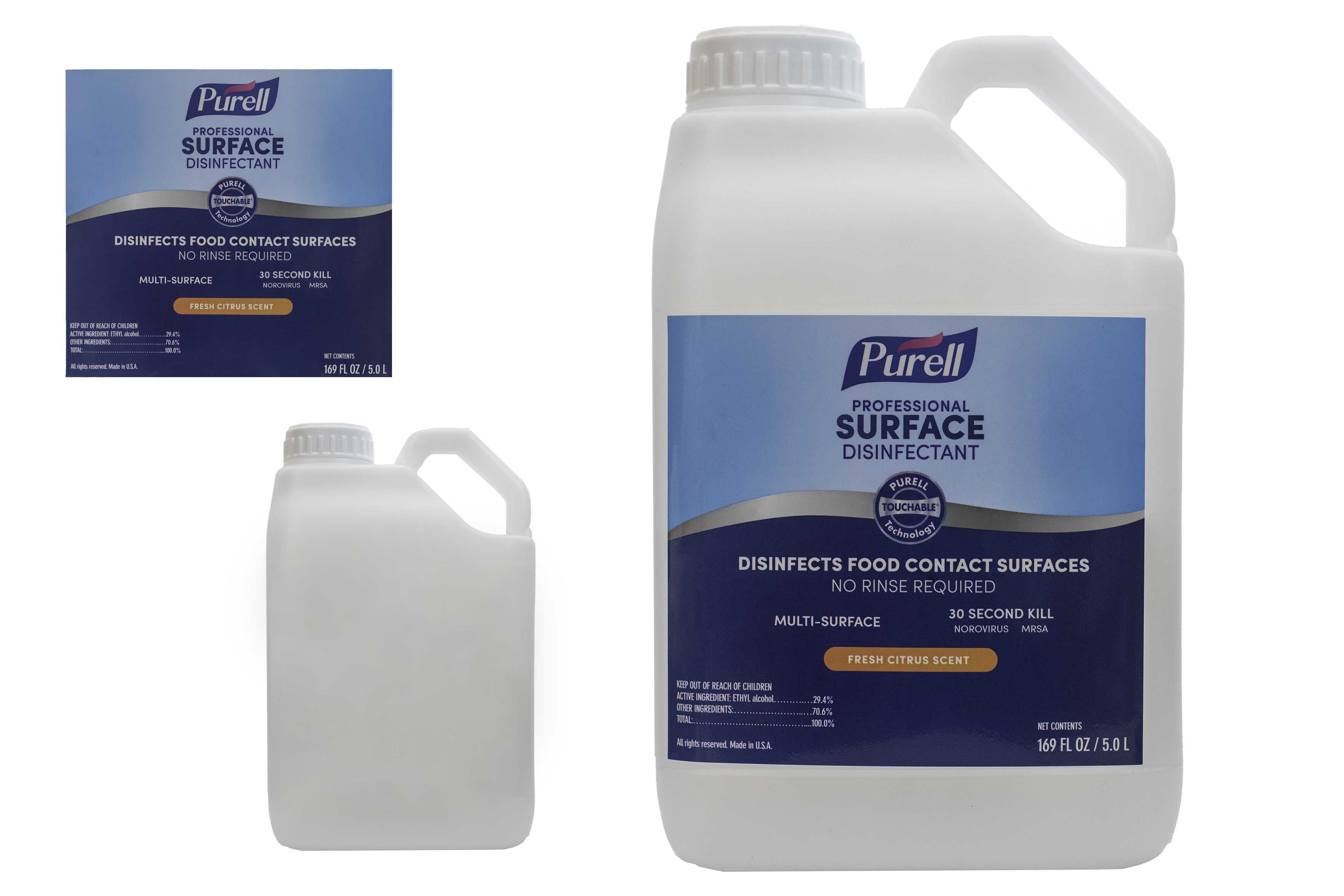 Purell Professional Surface Disinfectant container with label stating it disinfects food contact surfaces with no rinse required and has a fresh citrus scent.