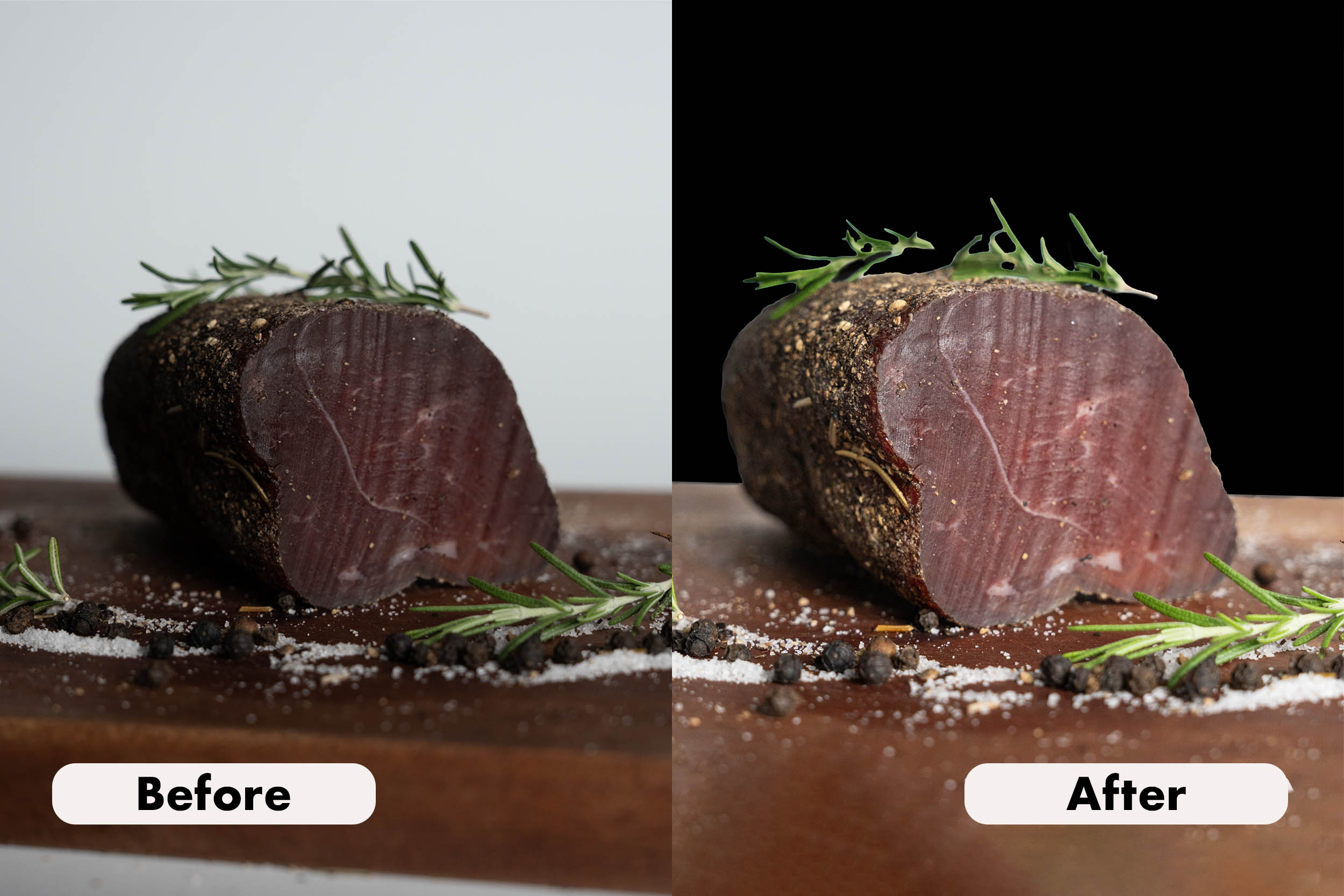 Side-by-side comparison of a seasoned meat cut on a wooden board; left with light grey background labeled Before, right with enhanced contrast black background labeled After.