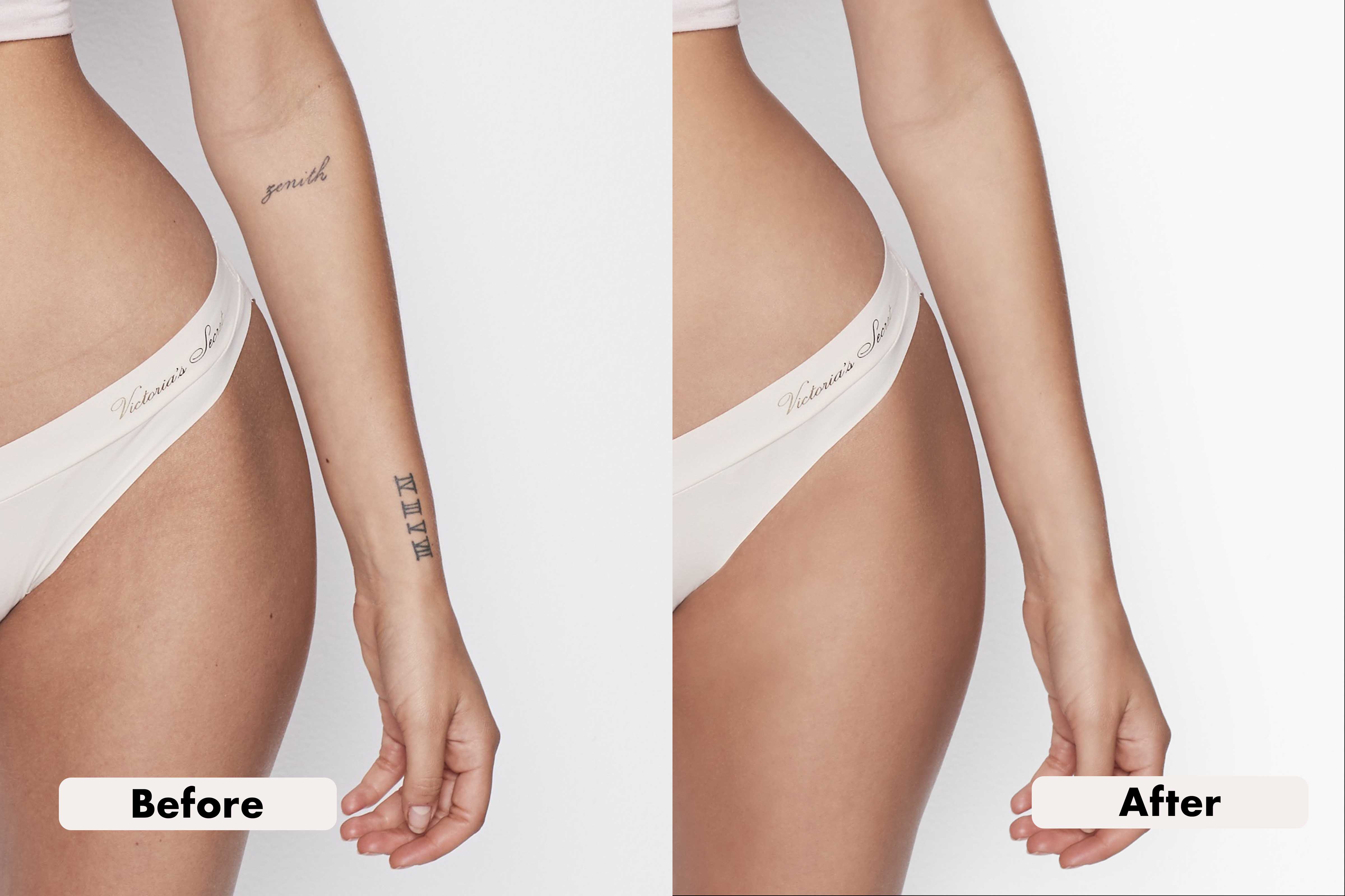 Side-by-side before and after images of a woman's torso and arm wearing white Victoria's Secret underwear, showing removal of tattoos and skin retouching.